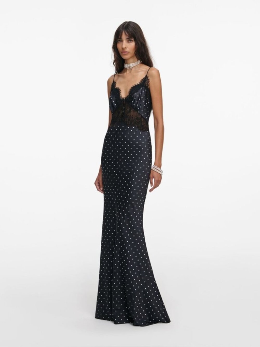 SELF-PORTRAIT POLKA DOT SATIN LACE MAXI DRESS, NWOT, NEVER WORN, NO FLAWS.
